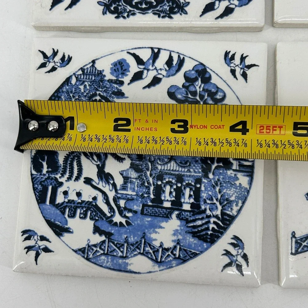 Vintage Blue Willow Ceramic Tiles Set of 4 Pagoda Scene Blue White 4.25 Inch